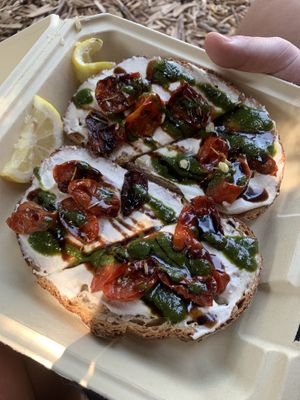 Cashew cheese toast with pesto. AMAZING at Healthy Being Juicery in Jackson