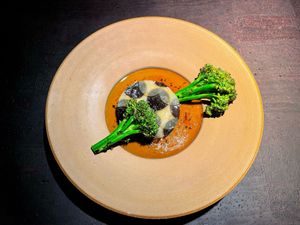 round potato slice with creamy/liquid core in a gravy sauce with truffle topping and roasted wild broccoli  at Pramerl & the Wolf in Vienna