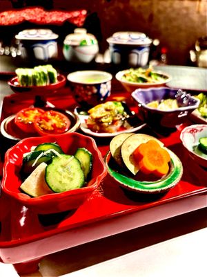 A soulful vegan lunch with 10 kinds of traditional Japanese pickles, including Nukazuke — rice bran fermented vegetables. Thursdays only. Reservation recommended. at Japanese Fermented Degustation Bar ODORU in Osaka