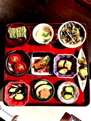 A soulful vegan lunch with 10 kinds of traditional Japanese pickles, including Nukazuke — rice bran fermented vegetables. Thursdays only. Reservation recommended. at Japanese Fermented Degustation Bar ODORU in Osaka