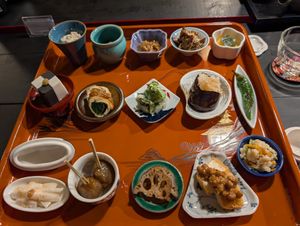 Multi-course tasting, with Natto at the lower-right at Japanese Fermented Degustation Bar ODORU in Osaka