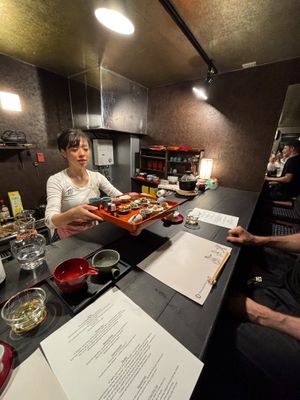 Our signature, a large lacquer tray with 15 of UMAMI on.
Seasonal but basic Japanese tradition that makes your unique journey has begun. at Japanese Fermented Degustation Bar ODORU in Osaka