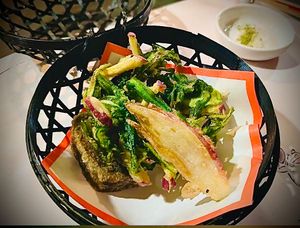 Seasonal Tempura fried with rice flour and Kombu seaweed Dashi broth batter, soft and crispy. at Japanese Fermented Degustation Bar ODORU in Osaka