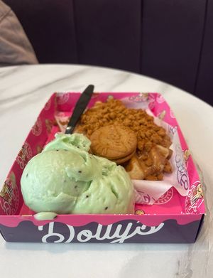 Biscoff waffle and gelatoo  at Dolly's Desserts in Barnsley