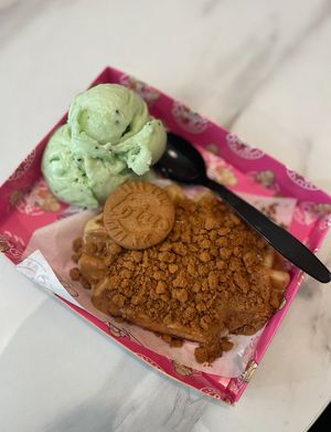 Biscoff waffle and gelatoo  at Dolly's Desserts in Barnsley