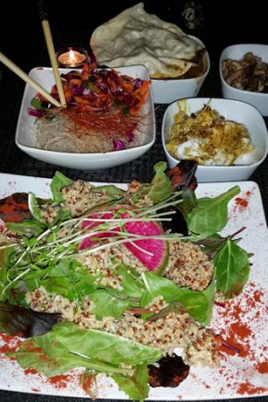 Ginger mushrooms. Coconut tofu. Rice vermicelli noodles. Lentils.  at Shankara in Bethlehem