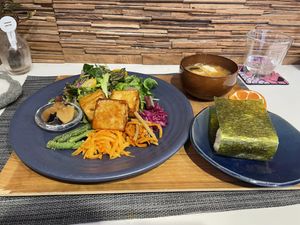 Plate B: Teriyaki tofu main  at Pamoja in Tokyo