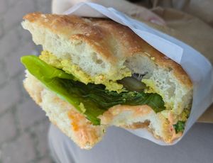 a no-egg focaccia sandwich at Heat in Katowice