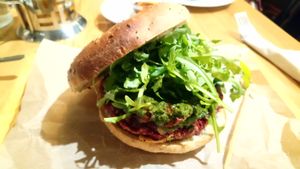 Great combination of lentil burger with roquette leaves. at Avocado Cafe - Chistoprudny in Moscow
