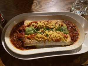 Vegan enchilada with vegan chicken and vegan cheese with a spicy salsa  at El Tio in South Shields