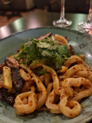 Udon noodles, garlic, chili and mushrooms at Heal-thy in Torrevieja