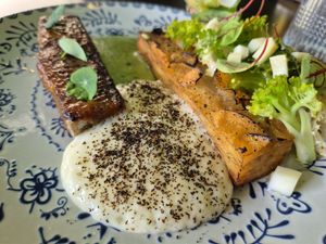 Pommes Anna and Miso glazed tofu at Heal-thy in Torrevieja