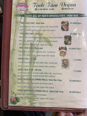 Menu  at Tịnh Tâm Vegan in Hue