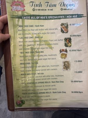 Hue specialties menu  at Tịnh Tâm Vegan in Hue