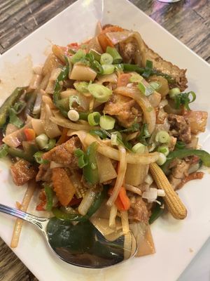 Yakizoba with flat rice noodles and tofu  at Spice and Dice in Towson