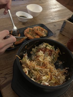 Vegan bibimbap and kimchi pancakes   at Cafe Modu  in Barcelona