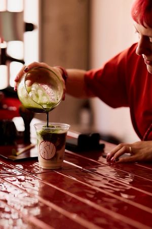Iced Matcha Oat latte アイス抹茶オーツラテ at HiKESHi SPiRiT OTO-GUMI - 火消魂音組 in Tokyo