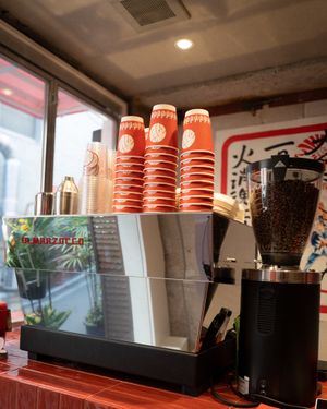 We use a lovely La Marzocco espresso machine and a blend of two Brazilian coffee beans with a little Indonesian beans. at HiKESHi SPiRiT OTO-GUMI - 火消魂音組 in Tokyo