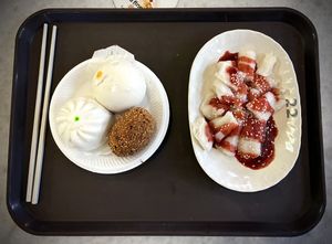 Selection of Dim Sum; Fragrant Vegetable Pau, Red Bean Paste Bao, Peanut with Sesame Ball, and Traditional Steam Rice Noodle Roll.   at Lion City Dim Sum - Lau Pa Sat in Central Singapore