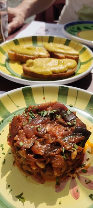 Caponata and bruschette with fava bean puree. at Bacco In Trastevere in Rome