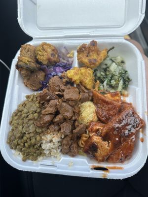 Large plate with all sides and the bbq tofu and veg chunks  at Rastafari - Blazing By The Sea in St Thomas