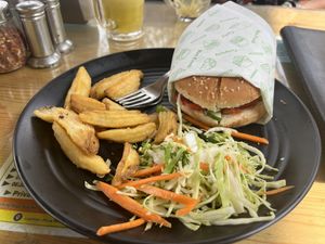 Veg bean burger w/ fries not bad.  at OM Freedom Cafe in Rishikesh