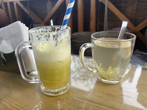 Fresh Pineapple drink and a ginger lemon tea. Both were exceptional   at OM Freedom Cafe in Rishikesh