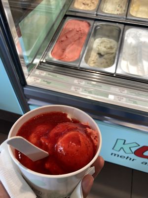 Cup with homemade strawberry sauce  at Kuhbar  in Schwelm