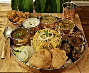 Traditional vegetarian Indian Thali (brass plate ) at The Veg Nation in Matosinhos
