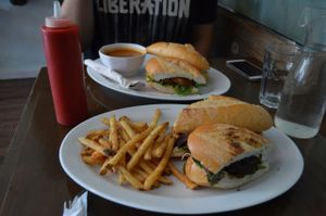 Beef banh mi with fries, and chicken banh mi with soup. Yum! at Grasshopper - College St in Toronto