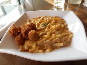 Mac and Cheese + burdock nuggts at Grasshopper - College St in Toronto