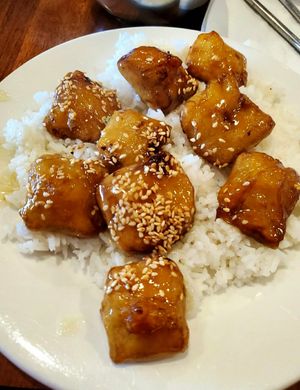 Sweet Orange with rice at Blossom Vegan Restaurant in Pleasanton