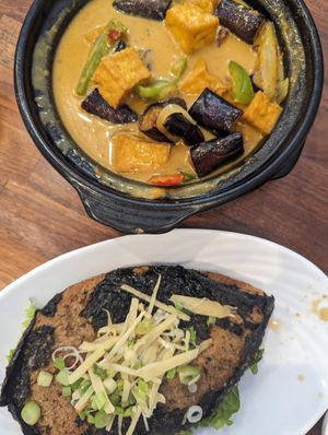 Top: Eggplant curry... Bottom: #42 Fish at Blossom Vegan Restaurant in Pleasanton