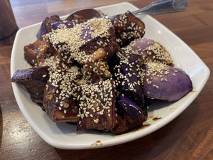 Sesame eggplant tofu  at Blossom Vegan Restaurant in Pleasanton