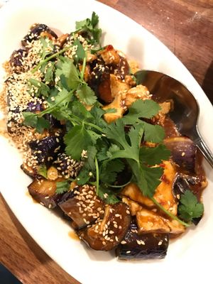 Sesame eggplant tofu  at Blossom Vegan Restaurant in Pleasanton