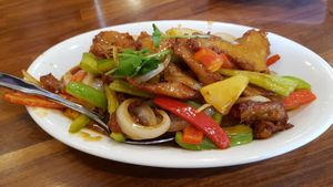 Chicken with Sechuan sauce at Blossom Vegan Restaurant in Pleasanton