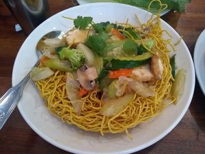Crispy chow mein at Blossom Vegan Restaurant in Pleasanton