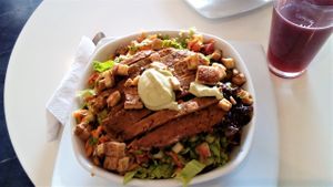 Colourful salad with tofu and vegan mayonnaise at Artesano in Guatemala City