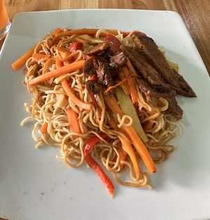 Noodles with veggies and bread   at Artesano in Guatemala City