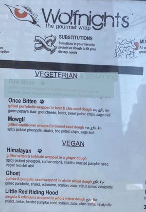 Wall menu of vegan/vegan options at Wolfnights in New York City