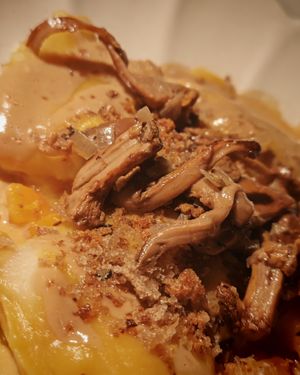 SQUASH AND CHANTERELLE AGNOLOTTI

PASTA WITH ALMOND RICOTTA, TRIPLE SAUCE, BBQ BUTTERNUT, CRISPY HERBS. at Daimant Saint-Honoré in Paris