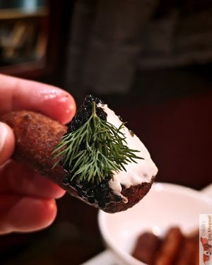 BRETON SEAWEED CAVIAR, RESERVE SELECTION

HOMEMADE FLUFFY POTATO BOUDINS, CRÈME FRAÎCHE, DILL. at Daimant Saint-Honoré in Paris
