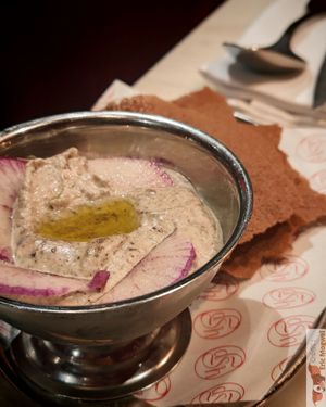 PLANT-BASED TARAMA

LIGHTLY SMOKED BRINY SPREAD, BUCKWHEAT CRISPS. at Daimant Saint-Honoré in Paris