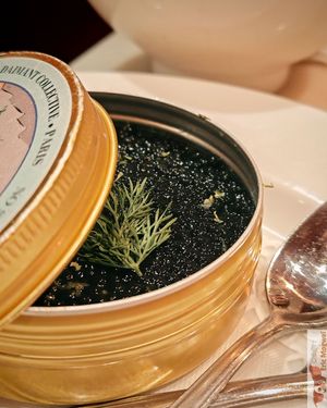 BRETON SEAWEED CAVIAR, RESERVE SELECTION

HOMEMADE FLUFFY POTATO BOUDINS, CRÈME FRAÎCHE, DILL. at Daimant Saint-Honoré in Paris