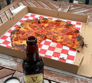 Vegan pepperoni pizza  at Trixie's Vegan Pizza in Beacon