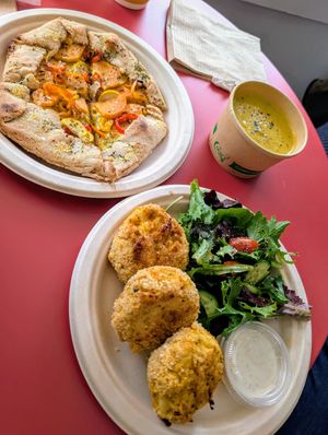 Dine in: Hearts of palm cakes, savory galette, and broccoli miso soup (they kindly split into 2 cups for us to share :)) #Veganuary at Tablespoons Kitchen in Honesdale