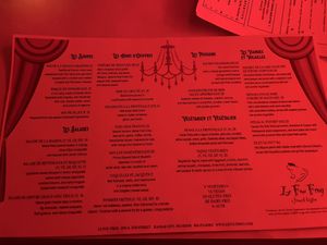 Menu (excuse the dim lighting)  at Le Fou Frog in Kansas City