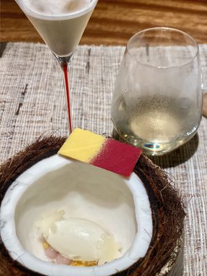 Sticky mango rice pudding with mint  at Zhizhu Plant Based Kitchen in Guangzhou