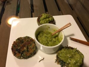 quinoa patties with kale-avocado dip at Pure and Whole - Shanghai Centre in Shanghai