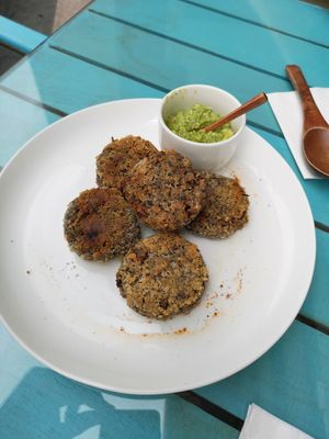 Black Bean Patties with Green Pie dip at Pure and Whole - Shanghai Centre in Shanghai